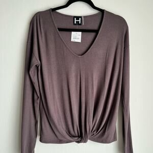 NWT H by Bordeaux Ash Brown Ribbed Twist Front Long Sleeve Top Small